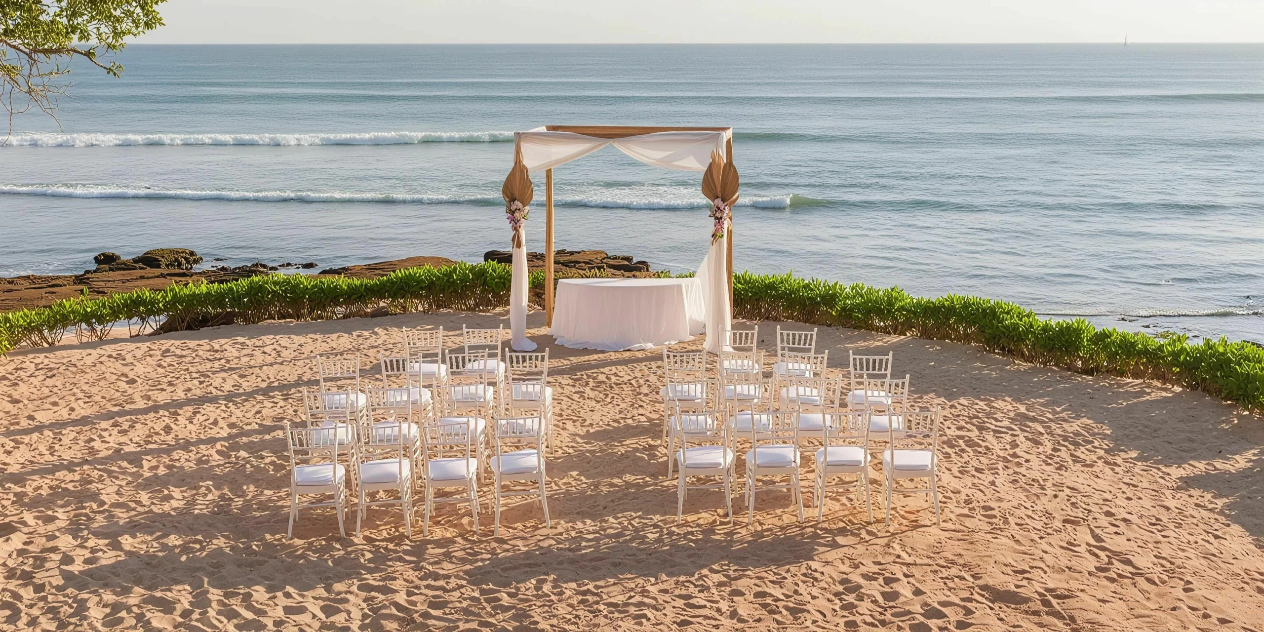Sand Terrace beachfront venue setup for weddings at Dreams Bahia Mita Surf & Spa Resort