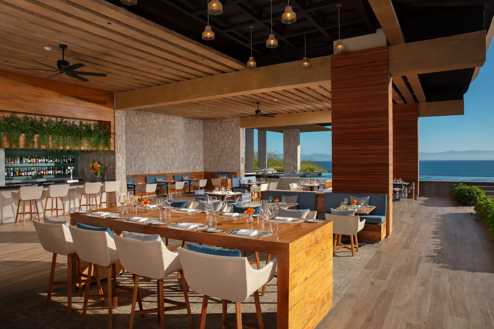 Seaside Grill at Dreams Bahia Mita Surf & Spa Resort featuring open-air oceanfront dining, grilled specialties, and a relaxed coastal atmosphere.